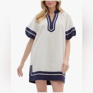 NEW Cotton Color Block Pullover V-Neck Puff Sleeve Mini Dress with Pockets S